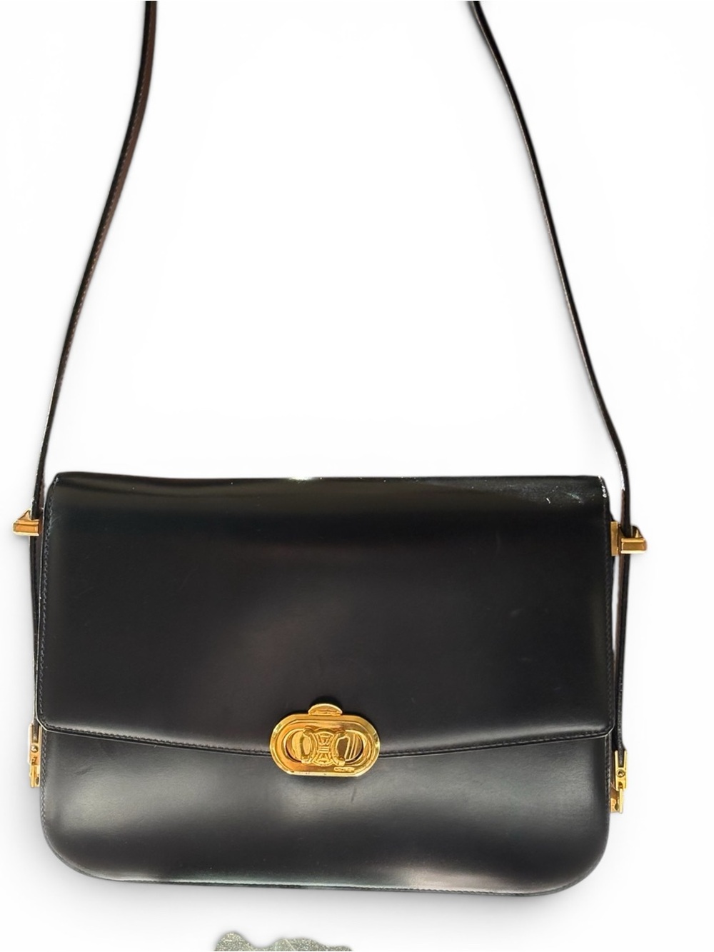 Vintage Celine Triumph Black Leather Shoulder Bag with Gold Hardware